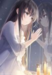  1girl black_hair brown_eyes brown_hair candle commentary_request dress fire frilled_dress frilled_sleeves frills kagachi_saku long_hair looking_away multicolored_hair original parted_lips reflection signature solo two-tone_hair very_long_hair white_dress 