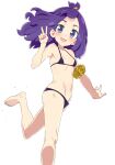  1girl :d acerola_(pokemon) alternate_costume armlet bangs barefoot bikini black_bikini blue_eyes breasts commentary_request hair_ornament hairclip hand_up highres knees leg_up open_mouth outstretched_arm pokemon pokemon_(game) pokemon_sm purple_hair simple_background small_breasts smile solo swimsuit toes topknot tottotonero v white_background 
