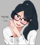  bangs black_eyes black_hair blush earrings english_text glasses grey_background hair_behind_ear head_tilt heart jewelry long_hair looking_at_viewer ohasi original own_hands_together parted_bangs portrait shirt tongue tongue_out white_shirt 