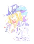  1boy blonde_hair cavendish closed_eyes coat eyelashes fish191101756 flower happy_birthday hat_feather high_collar holding holding_flower long_hair one_piece open_mouth portrait red_flower red_rose rose smile traditional_media transparent_background white_coat 