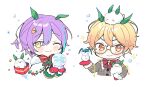  2boys ;3 bangs blonde_hair blue_hair bow bowtie closed_mouth commentary diagonal-striped_bowtie english_commentary gradient_hair hair_between_eyes holding kamishiro_rui leaf leaf_on_head long_sleeves male_focus mittens multicolored_hair multiple_boys one_eye_closed orange_eyes orange_hair pjmiyo project_sekai purple_hair red_mittens short_hair smile snow_bunny snow_globe star_(symbol) streaked_hair striped striped_bow striped_bowtie tenma_tsukasa wavy_hair white_background yellow_eyes 