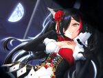  1girl animal_ear_fluff animal_ears black_gloves black_hair black_sky breasts card cleavage dress elbow_gloves finger_to_cheek flower gloves hair_flower hair_ornament hair_over_one_eye highres holding holding_card hololive kapibara_ani long_hair looking_at_viewer medium_breasts moon multicolored_hair night night_sky ookami_mio red_dress red_hair sky smile star_(sky) streaked_hair trading_card two-tone_dress virtual_youtuber white_dress wolf_ears wolf_girl yellow_eyes 