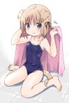  1girl animal_ears arms_up barefoot blue_eyes blue_one-piece_swimsuit brown_hair competition_school_swimsuit dog_ears dog_girl dog_tail feet highres one-piece_swimsuit original pink_towel school_swimsuit short_hair sinasia sitting smile solo swimsuit tail thighs tile_floor tiles toes towel 