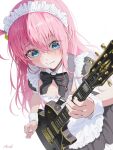  1girl absurdres aqua_eyes artist_name bangs black_bow bocchi_the_rock! bow closed_mouth electric_guitar gotou_hitori guitar heartki highres holding holding_instrument holding_plectrum instrument long_hair maid_headdress pink_hair plectrum solo white_background 