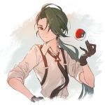 1girl black_necktie bright_pupils green_background green_hair hair_over_one_eye highres holding holding_poke_ball long_hair looking_at_viewer necktie poke_ball pokemon pokemon_(game) pokemon_sv ponytail reverse_trap rika_(pokemon) simple_background smile solo suspenders tomboy tuki_zawa very_long_hair white_background white_pupils 