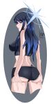  1girl absurdres ass bare_arms bare_shoulders black_shirt black_shorts blue_archive blue_eyes blue_hair breasts commentary_request crop_top cropped_legs highres korean_commentary large_breasts long_hair looking_at_viewer midriff no_headwear saori_(blue_archive) seogseogi_(lm) shirt short_shorts shorts sleeveless sleeveless_shirt smile solo standing thighs underbutt white_background 
