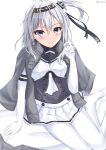  1girl black_headband blush bodysuit cape clothes_writing grey_cape grey_eyes grey_hair grey_jacket grey_neckerchief hachimaki headband highres jacket kantai_collection long_hair looking_at_viewer neckerchief on_bed one_side_up simple_background sitting smile solo suzutsuki_(kancolle) white_bodysuit white_headband white_neckerchief yurasuku 