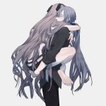  1boy 1girl barefoot black_ribbon blue_hair carrying carrying_person closed_eyes commentary_request feet holding hug leg_lock long_hair original ribbon soles tagme tobacco_(tabakokobata) toes very_long_hair 