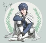  1boy blue_eyes blue_hair blue_jacket boots cape character_name commentary_request finn_(fire_emblem) fire_emblem fire_emblem:_genealogy_of_the_holy_war gloves hair_between_eyes jacket long_sleeves looking_at_viewer male_focus pants short_hair sitting smile solo ursla99 white_cape white_footwear white_gloves white_pants 