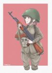  1girl absurdres akm artist_name assault_rifle bangs blunt_bangs border braid brown_eyes brown_hair brown_pants brown_shirt chin_strap collar_tabs collared_shirt combat_helmet cropped_jacket green_headwear gun helmet highres holding holding_gun holding_weapon kalashnikov_rifle load_bearing_equipment long_sleeves looking_to_the_side military military_uniform original pants parted_lips pink_background rifle russian_text savankov shirt simple_background single_braid sling soldier solo soviet soviet_army uniform upper_body weapon white_border 