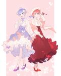  2girls alternate_costume blue_eyes blue_hair boater_hat bow butterfly_background commentary dress fndlwm_re frilled_dress frills full_body hair_bow hand_on_own_chest high_heels highres korean_commentary long_sleeves looking_at_viewer multiple_girls open_mouth pumps ram_(re:zero) re:zero_kara_hajimeru_isekai_seikatsu red_eyes red_hair rem_(re:zero) short_hair siblings sisters smile teeth twins upper_teeth_only 