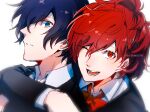  1boy 1girl blue_eyes blue_hair bow bowtie eme_(204) gekkoukan_high_school_uniform hair_ornament hair_over_one_eye hairclip hug hug_from_behind one_eye_closed persona persona_3 red_bow red_bowtie red_eyes red_hair school_uniform shiomi_kotone short_hair smile yuuki_makoto 