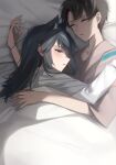  1boy 1girl animal_ear_fluff animal_ears arknights black_hair blanket blush brown_hair brown_shirt chinese_commentary couple cuddling doctor_(arknights) hetero highres long_hair long_sleeves male_doctor_(arknights) on_bed red_eyes shirt shokuyou_koori short_hair short_sleeves sleeping texas_(arknights) under_covers waking_up white_shirt wolf_ears 