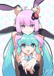  2girls absurdres ahoge aqua_eyes aqua_hair aqua_nails aqua_necktie arms_around_neck arms_up bare_arms bent_over black_leotard bunny_background commentary fishnet_pantyhose fishnets grin hair_ornament hair_tubes hand_on_another&#039;s_ear hatsune_miku head_on_head head_rest highres kinosuke_(pattaba) leotard logo long_hair looking_at_viewer looking_up multiple_girls nail_polish necktie open_mouth own_hands_together pantyhose playboy_bunny purple_eyes purple_hair purple_nails short_hair_with_long_locks sidelocks signature smile twintails upper_body upturned_eyes very_long_hair vocaloid voiceroid wrist_cuffs yuzuki_yukari 
