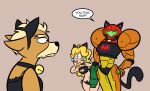  anthro armor blonde_hair canid canine clothing collar crossover dialogue english_text eye_contact fox fox_mccloud fur group hair headgear helmet human long_hair looking_at_another mammal mario_bros metroid nintendo princess_peach rusheloc samus_aran simple_background speech_bubble star_fox text trio 