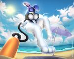  absurd_res animate_inanimate anthro beach big_breasts blue_ears blue_hair breasts clothing elysianelly female floating glistening glistening_body hair helium helium_tank hi_res huge_breasts inflatable inflatable_transformation inflation lagomorph leporid lifting_up living_inflatable mammal pool_toy rabbit rubber seaside solo swimwear thick_thighs white_body wide_hips 