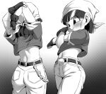  1girl arms_behind_head arms_up ass bandana belt belt_buckle blush buckle chain closed_mouth cropped_shirt dragon_ball dragon_ball_gt from_behind greyscale midriff monochrome multiple_views navel pan_(dragon_ball) pants rom_(20) smile standing 