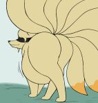  abdominal_bulge all_fours belly big_belly big_butt blindfold butt digital_drawing_(artwork) digital_media_(artwork) female feral flat_colors fox_spirit fur generation_1_pokemon grass hi_res looking_at_viewer looking_back ninetales nintendo orange_tail_tip plant pokemon pokemon_(species) presenting presenting_hindquarters raised_tail raster_dreams smile solo solo_focus tail yellow_body yellow_fur 