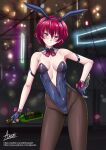  1girl adsouto akatsuki_no_yona arm_strap bottle breasts champagne_bottle contrapposto cup detached_collar drinking_glass fingerless_gloves gloves hand_on_hip highleg highleg_leotard highres holding holding_bottle leotard looking_at_viewer medium_breasts neon_lights pantyhose partially_fingerless_gloves purple_eyes red_hair short_hair signature smile solo wine_glass yona_(akatsuki_no_yona) 
