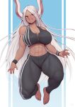  1girl abs absurdres animal_ears bangs bare_shoulders barefoot black_pants black_sports_bra black_wristband blue_background boku_no_hero_academia breasts cleavage collarbone dark-skinned_female dark_skin feet full_body grin highres large_breasts long_eyelashes long_hair looking_at_viewer midair midriff mirko muscular muscular_female navel pants parted_bangs partially_unzipped pillarboxed rabbit_ears rabbit_girl red_eyes smile solo speedl00ver sports_bra stomach thick_thighs thighs tight tight_pants toes very_long_hair white_hair 