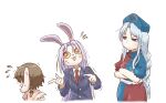  3girls absurdres animal_ears blue_dress blue_hair braid braided_ponytail brown_hair carrot carrot_necklace chamaji collared_shirt colored_sclera commentary_request cross crossed_arms dress floppy_ears flying_sweatdrops grey_hair hat highres inaba_tewi jacket jewelry light_blue_hair long_hair long_sleeves multicolored_clothes multicolored_dress multiple_girls necklace necktie nervous nurse_cap pink_dress pointing rabbit_ears rabbit_girl red_cross red_dress red_eyes reisen_udongein_inaba shirt short_hair short_sleeves sidelocks sweat symbol-shaped_pupils tie_clip touhou trembling unamused upper_body white_background white_shirt yagokoro_eirin 