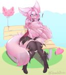  anthro balloon bench big_breasts big_tail blue_eyes blush breast_expansion breasts canid canine clothing exclamation_point expansion eyewear female food fox glasses hair hi_res huge_breasts illeana_(miniordebry) inflatable inflatable_transformation mammal mazzlerazz open_mouth outside pink_body pink_hair plate signature sitting solo species_transformation tail thick_thighs thigh_expansion torn_clothing transformation wardrobe_malfunction wide_hips 