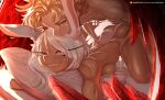  angelyeah animal_ears bed biting blonde_hair boku_no_hero_academia completely_nude cum cum_in_pussy dark-skinned_female dark_skin doggystyle ejaculation grabbing grabbing_from_behind hawks_(boku_no_hero_academia) highres lip_biting long_hair md5_mismatch mirko muscular muscular_female nude pillow rabbit_ears red_eyes sunlight tail white_hair wings 