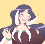  1girl bangs black_hair blush bracelet brown_shirt closed_eyes collarbone drasna_(pokemon) earrings eyelashes hand_up jewelry long_hair necklace notice_lines open_mouth pokemon pokemon_(game) pokemon_xy shirt smile solo upper_body vergolophus yellow_background 