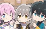  1boy 2girls ;q bangs black_gloves black_hair black_jacket black_shirt blue_eyes blush brown_eyes chibi closed_mouth commentary_request cropped_torso danheng_(honkai:_star_rail) double_v gloves grey_hair grey_hoodie hair_between_eyes half_gloves hand_up highres honkai:_star_rail honkai_(series) hood hood_down hoodie jacket jin2 march_7th_(honkai:_star_rail) multiple_girls one_eye_closed open_clothes open_jacket pink_hair shirt single_glove smile tongue tongue_out trailblazer_(honkai:_star_rail) trailblazer_(honkai:_star_rail)_(female) upper_body v w white_jacket white_shirt 