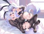  2girls ahegao all_fours animal_ear_fluff animal_ears anus ass bangs bar_censor bare_shoulders bed_sheet black_bridal_gauntlets black_pantyhose blue_bow blue_bowtie blue_choker blue_eyes bow bowtie breasts breasts_out bridal_gauntlets censored chinese_commentary choker clothing_aside commentary_request cum cum_in_ass cum_in_pussy cumdrip day fake_animal_ears feet fox_ears fox_girl fox_tail from_behind hair_between_eyes hand_on_own_thigh hand_up highres indoors iranon_(new_iranon) legs_up leotard leotard_aside long_hair looking_at_viewer looking_back looking_up lying multiple_girls nipples no_shoes on_back on_bed one_eye_closed open_mouth original pantyhose pillow playboy_bunny pussy rabbit_ears saliva small_breasts soles spread_legs straddling tail tail_raised tears teeth thighs toes tongue tongue_out torn_clothes torn_pantyhose upper_teeth_only very_long_hair white_hair window wrist_cuffs yuri 
