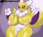  absurd_res anthro artykfrozt bandai_namco big_breasts breasts chubby_female digimon digimon_(species) female female/female genitals hi_res huge_breasts nipple_piercing nipples piercing pussy renamon solo tongue 