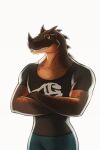  anthro ceratosaurid ceratosaurus ck0t clothed clothing crossed_arms dinosaur grim_(grimsaurus) hi_res looking_offscreen male muscular reptile scalie simple_background smile solo spikes spikes_(anatomy) theropod white_background 