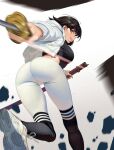  ass ass_focus black_hair black_shirt black_socks breasts crop_top cropped_jacket drawstring from_behind from_below highres holding holding_sheath holding_sword holding_weapon hongcasso jacket katana kneehighs large_breasts leggings legs light_frown long_legs looking_at_viewer medium_hair midriff_peek original pants parted_lips pink_eyes running sheath shirt skin_tight socks sword teeth tight tight_pants weapon white_background white_jacket white_leggings 