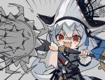  1girl aqa arknights bangs black_dress black_headwear blush blush_stickers chibi circular_saw commentary_request dress emphasis_lines excited grey_background grey_hair hair_between_eyes highres holding holding_weapon long_hair looking_at_viewer open_mouth red_eyes saw sharp_teeth shoulder_strap simple_background smile solo specter_(arknights) specter_the_unchained_(arknights) teeth upper_body upper_teeth_only weapon 