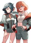  2girls absurdres afro_puffs alternate_costume asticassia_school_uniform blue_eyes blue_hair choker green_jacket green_shorts grey_eyes gundam gundam_suisei_no_majo highres jacket long_sleeves multiple_girls norea_du_noc puni_(punycolors) red_hair school_uniform shirt shorts sleeveless sleeveless_shirt sophie_pulone white_choker white_shirt wide_sleeves 