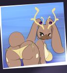  2023 abstract_background anthro antlers bent_over bikini blue_background breasts brown_body brown_fur butt clothing countershade_face countershading deer elpatrixf eyebrows eyelashes female floppy_ears fur generation_2_pokemon generation_4_pokemon hi_res horn hybrid lagomorph lop_ears lopunny mammal nintendo open_mouth pokemon pokemon_(species) presenting presenting_hindquarters side-tie_bikini simple_background solo spots spotted_body spotted_fur stantler swimwear tail 