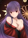  1girl asagami_fujino asagami_fujino_(third_ascension) bare_shoulders black_bow black_kimono bow breasts closed_mouth collarbone commentary_request fate/grand_order fate_(series) floral_background floral_print hair_bow hand_on_own_chest highres japanese_clothes kara_no_kyoukai kimono long_hair looking_at_viewer medium_breasts off_shoulder official_alternate_costume purple_hair red_eyes red_kimono solo two-tone_kimono vent_vert_(kuuya) very_long_hair wide_sleeves yukata 