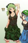  2girls ? ?? bangs black_tank_top blue_eyes blue_hair blue_skirt camouflage camouflage_headwear camouflage_skirt closed_mouth collarbone english_commentary flat_cap gradient_background green_eyes green_hair green_headwear green_skirt hat highres himuhino jaggy_lines kawashiro_nitori key long_hair multiple_girls short_hair sketch skirt tank_top touhou yamashiro_takane 