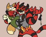  anthro canid canine clothing crossover duo footwear fox fox_mccloud generation_7_pokemon gloves handwear incineroar male mammal nintendo pokemon pokemon_(species) rusheloc simple_background star_fox teeth tongue tongue_out 