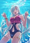  1girl ass_visible_through_thighs bare_arms blue_eyes bracelet breasts bubble casual_one-piece_swimsuit cleavage commission cowboy_shot elizabeth_liones floating_hair hair_over_one_eye htihgelt jewelry long_hair medibuasts midriff nanatsu_no_taizai navel nikulas_cage one-piece_swimsuit open_mouth pixiv_commission solo stomach sunlight swimsuit underwater very_long_hair white_hair 