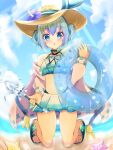  1girl beach bikini blue_bikini blue_eyes blue_hair blue_skirt blue_sky blush cloud day fleina_note flower full_body gieane_tbikini gochuumon_wa_usagi_desu_ka? gradient_skirt hair_bun hat hat_flower hibiscus highres holding innertube kafuu_chino kirara_fantasia kneeling layered_bikini layered_skirt looking_at_viewer medium_hair ocean open_mouth outdoors purple_flower skirt sky solo summer sun_hat sunlight swimsuit yellow_headwear 