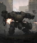  ammunition_belt belt_feed building cable firing full_body highres mecha missile_pod no_humans original outdoors robot saeedramez science_fiction solo walker 