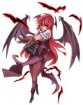  &gt;:) 1girl absurdres ahoge bat_(animal) bat_wings book book_stack boots brown_footwear commentary_request foreshortening from_above full_body gloves hair_between_eyes head_wings highres holding holding_book koakuma long_hair looking_to_the_side outstretched_arm pantyhose red_eyes red_gloves red_hair red_pantyhose red_skirt red_vest rightorisamraido3 side_slit simple_background skirt skirt_set solo touhou v-shaped_eyebrows very_long_hair vest white_background wings 