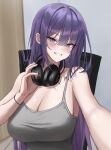  1girl bare_arms bare_shoulders biya_(1024) blue_eyes blush breasts butterfly_tattoo cleavage commentary ear_piercing grey_shirt headphones headphones_around_neck highres large_breasts looking_at_viewer original piercing purple_hair shirt sleeveless smile solo symbol-only_commentary tattoo upper_body yuna_(biya_(1024)) 