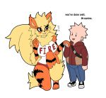  anthro arcanine blush bottomwear clothing dialogue duo english_text fangs female fluffy footwear franschesco_(artist) generation_1_pokemon hand_holding human jacket kneeling larger_anthro_smaller_human larger_female male mammal neck_tuft nintendo open_mouth pants pokemon pokemon_(species) shoes size_difference smaller_human smaller_male smile standing teeth text topwear tuft 