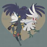 2020 bird black_sclera bright_pupils chimera colored_sclera corviknight crow dated fangs fins grey_eyes heart highres no_humans pokemon pokemon_(creature) purple_wings red_eyes silvally spread_wings talons ukata umbreon white_pupils wings 