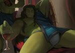 beverage bulge clothed clothing container cup fangs green_body green_skin hi_res holding_container holding_cup holding_object humanoid humanoid_pointy_ears kupoklein male orc partially_clothed teeth underwear 