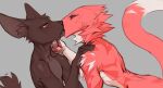  2023 absurd_res anthro biped brown_body brown_fur canid canine digital_media_(artwork) duo french_kissing fur grey_background half-closed_eyes hi_res kissing male male/male mammal narrowed_eyes raptoral raptoral_(character) red_body red_fur sergal simple_background white_body white_fur 