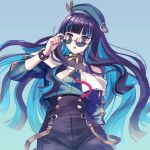  1girl :o adjusting_eyewear beret black_eyes black_hair blue_hair blue_headwear bracelet colored_inner_hair commentary_request fate/grand_order fate_(series) floating_hair gyoza_(pi512126) hat highres holding holding_eyewear huitzilopochtli_(fate) jewelry long_hair looking_at_viewer multicolored_hair off_shoulder simple_background solo spiked_bracelet spikes straight_hair streaked_hair sunglasses two-tone_hair 