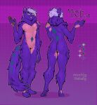  anthro blue_body blue_fur blue_markings brown_pawpads diamond_(marking) diamonds_(suit) domestic_cat felid feline felis fluffy fluffy_tail fur gradient_background green_eyes hair hi_res lavender_hair male mammal markings mavis_delcat model_sheet navel neck_tuft open_mouth pawpads pink_hair purple_body purple_fur simple_background smile solo spots standing suit_symbol tail text tuft wetsealky 